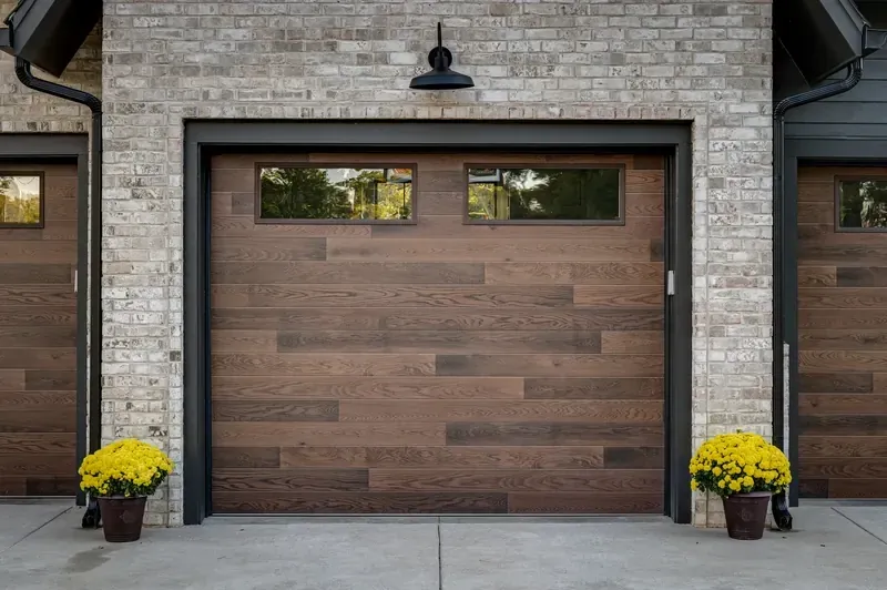 Beautiful new wood-tone garage door installed on a KC home